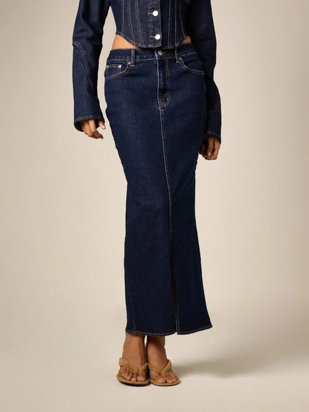 Blue Casual Women's High Waisted Denim Pencil Skirt With Front Split